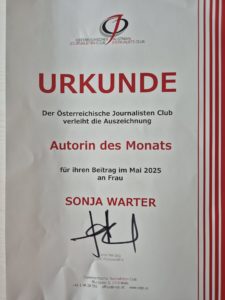 Auszeichnung als Autorin des Monats vom Österreichischen Journalisten Club