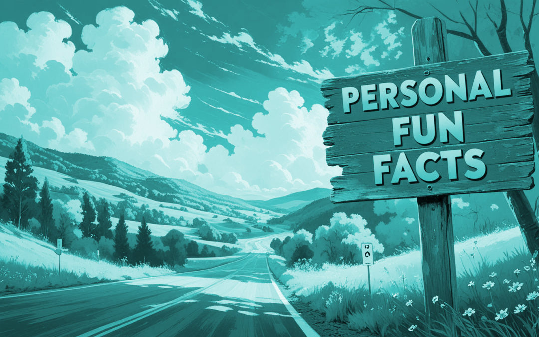 Landschaft mit Straße und einem Verkehrszeichen mit dem Schild "Personal Fun Facts". Soll zeigen: Hier geht es zu meinen persönlichen Fun Facts.