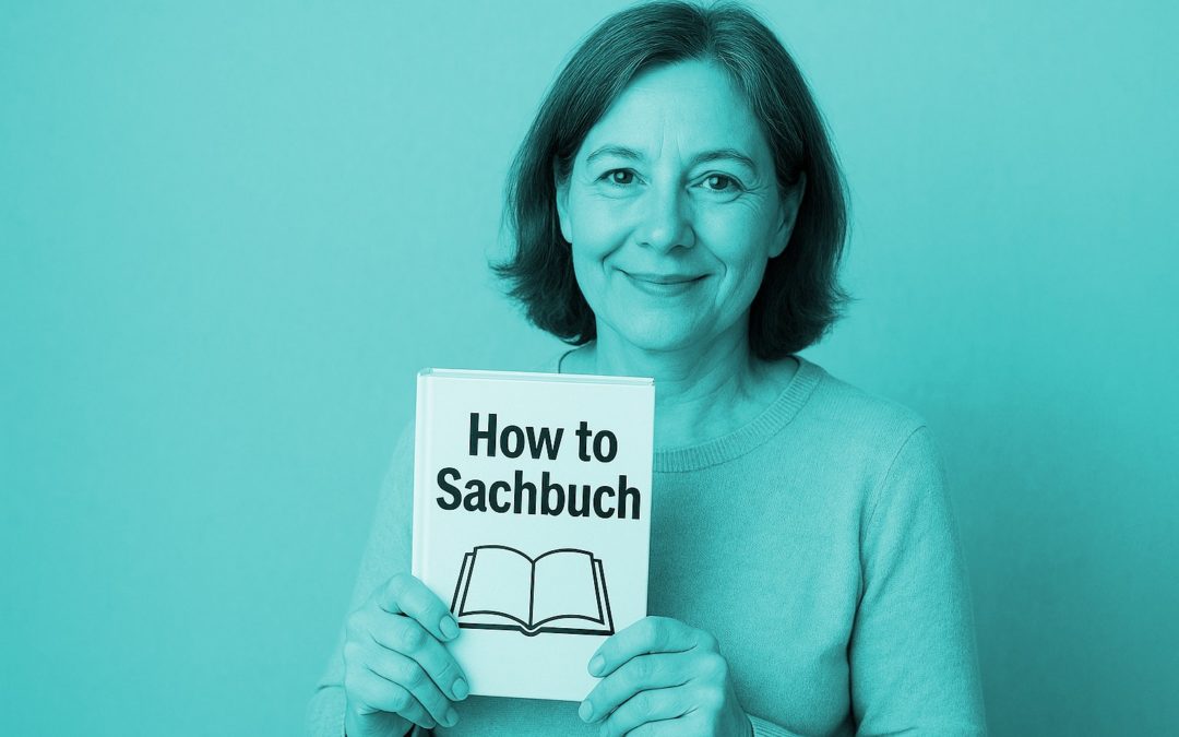 Eine lächelnde erwachsene Person hält ein Buch mit dem Titel „How to Sachbuch“ vor der Brust. Das Buch zeigt ein einfaches Symbol eines geöffneten Buches. Die Person trägt einen langärmeligen Pullover und steht vor einem einfarbigen Hintergrund. Die Frau erwartet sich in diesem Buch eine Anleitung dafür, wie es ist, ein gutes Sachbuch zu schreiben.